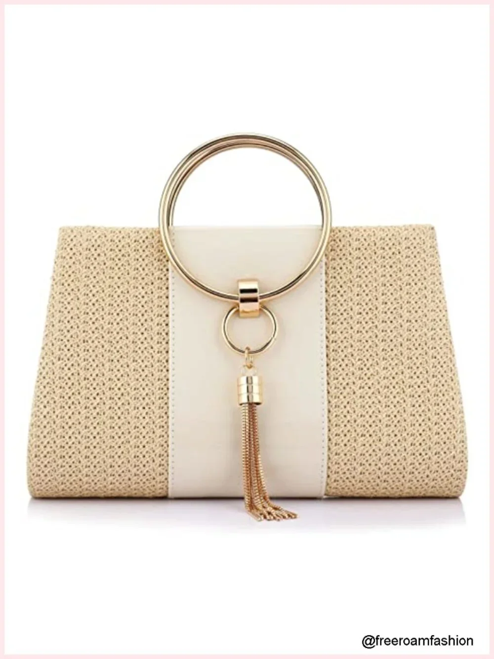 Straw Clutch Evening Bag with Tassels and Handle Ring